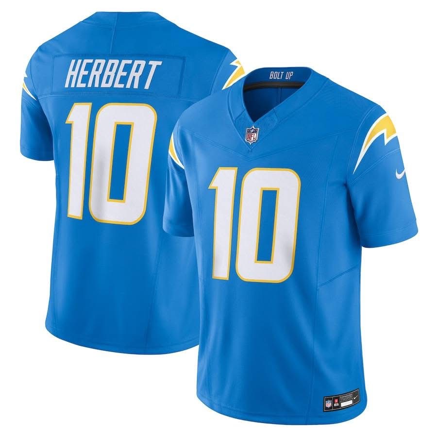 Camiseta Nike Justin Herbert azul claro Los Angeles Chargers Player Game para hombre