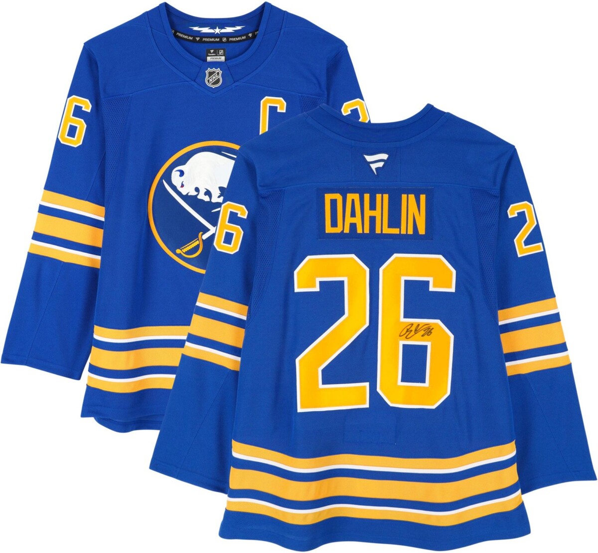 Camiseta premium Fanatics de Rasmus Dahlin de los Buffalo Sabres con parche de capitán - Azul