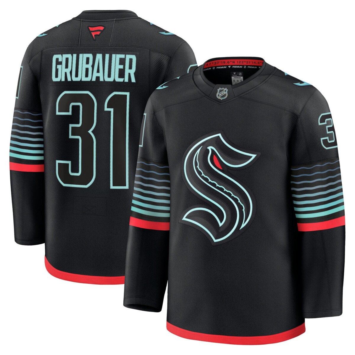 Camiseta premium alternativa de Philipp Grubauer para fanáticos de los Seattle Kraken - Negra