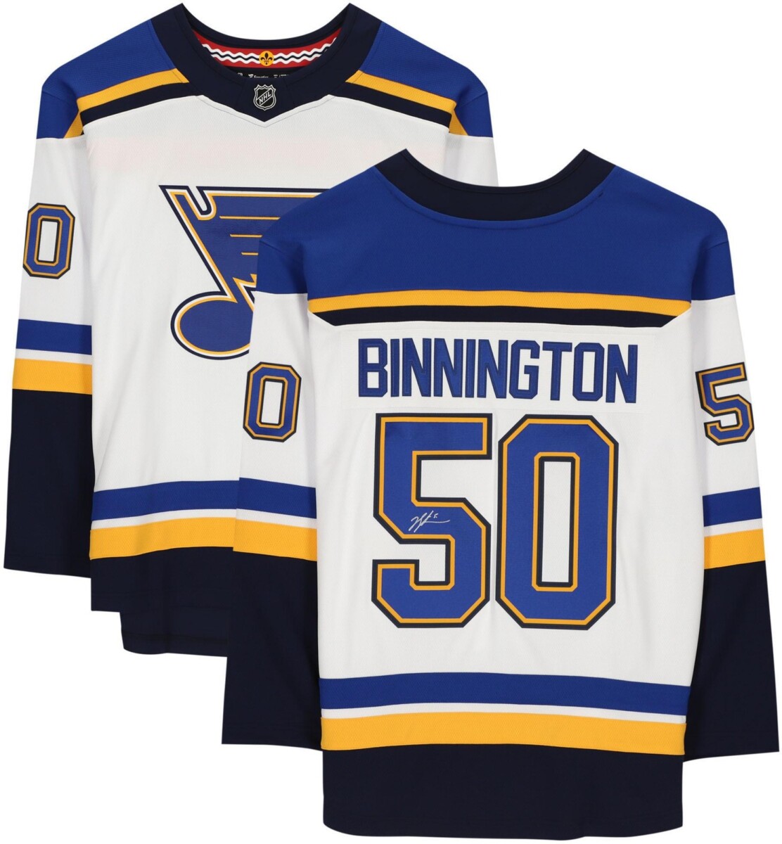 Camiseta de visitante premium de Jordan Binnington, St. Louis Blues, Fanatics - Blanca