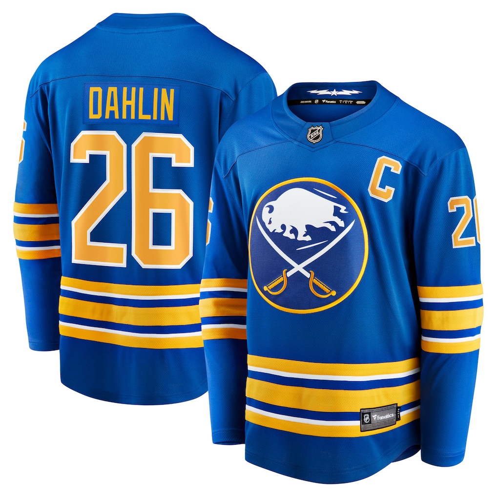 Camiseta de local con parche de capitán de los Buffalo Sabres Fanatics de Rasmus Dahlin - Azul